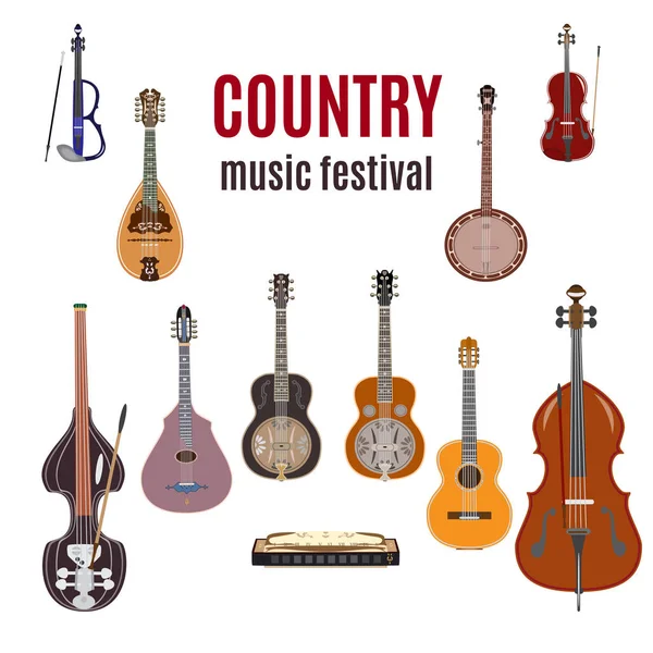 Conjunto vectorial de instrumentos de música country, diseño plano . — Vector de stock