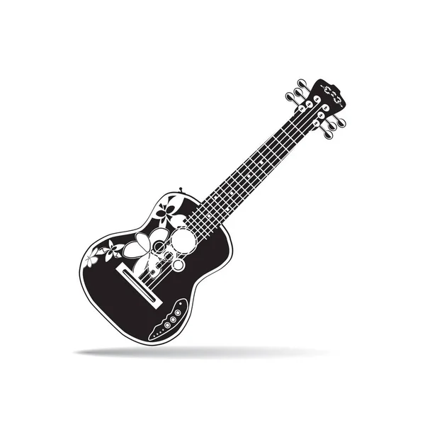 Vektorillustration av svarta och vita hawaiian elektriska ukulele gitarr i platt design — Stock vektor