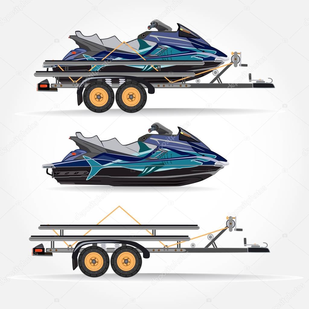Vector illustration of water scooter and car trailer in flat style