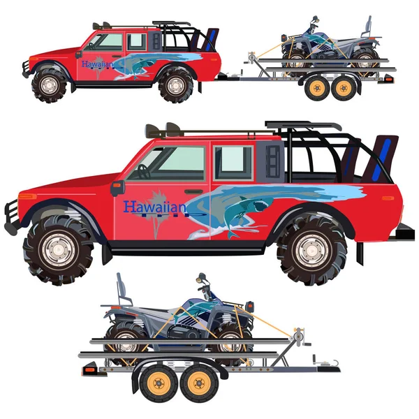 Vektor platt illustration av fyrhjuling, resor bil och släpvagn — Stock vektor
