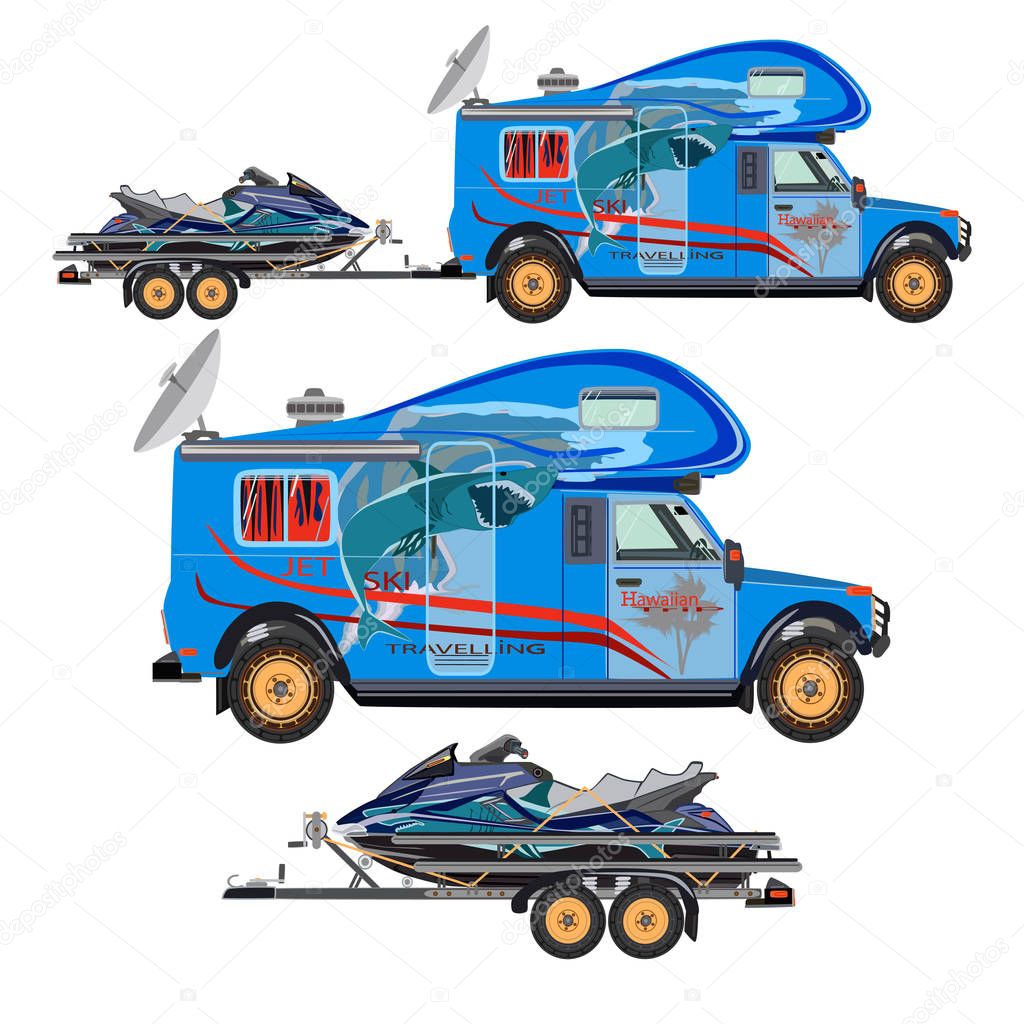 Vector flat illustration of water scooter, camper car and trailer
