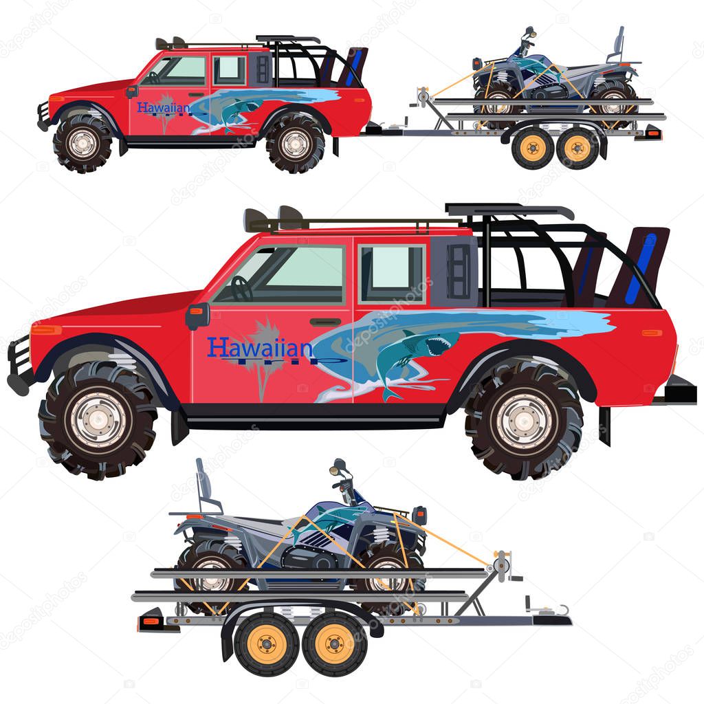 Vector flat illustration of quad bike, travel car and trailer