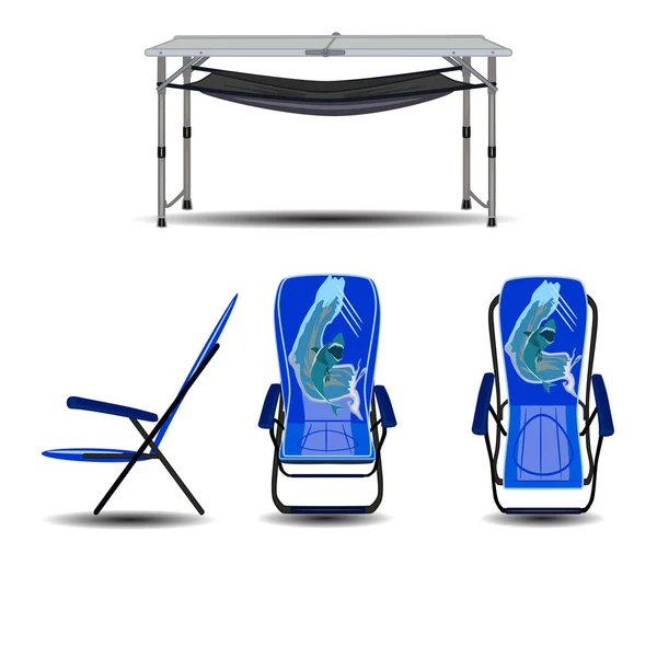 Set vettoriale di sedie pieghevoli da trekking e tavolo in design piatto — Vettoriale Stock