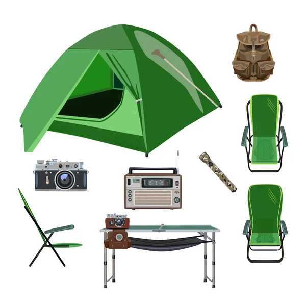 Vector set van camping uitrusting pictogrammen in vlakke stijl — Stockvector