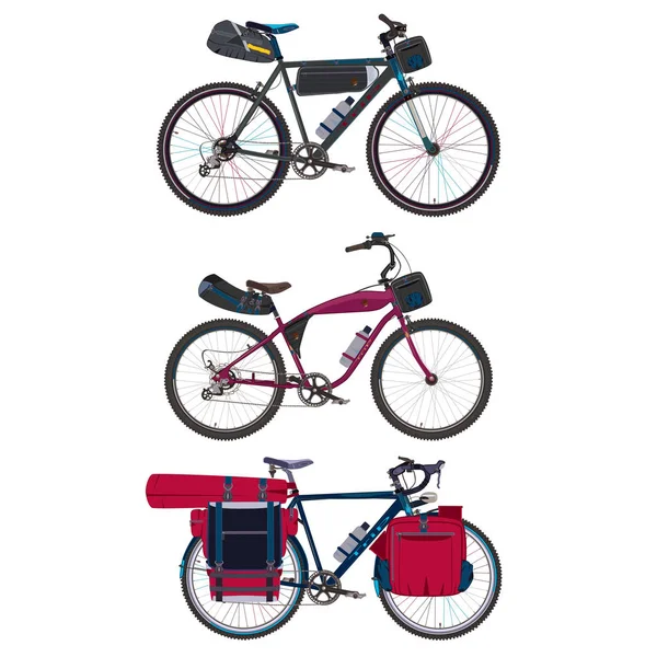 Vector platt uppsättning touring cyklar med bikepacking redskap — Stock vektor