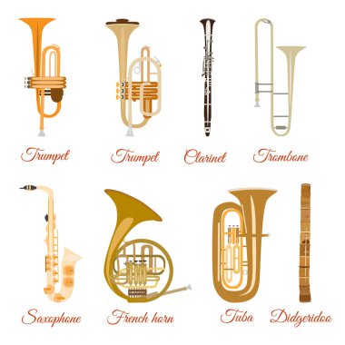 Vector set of wind musical instruments isolated on white background clipart