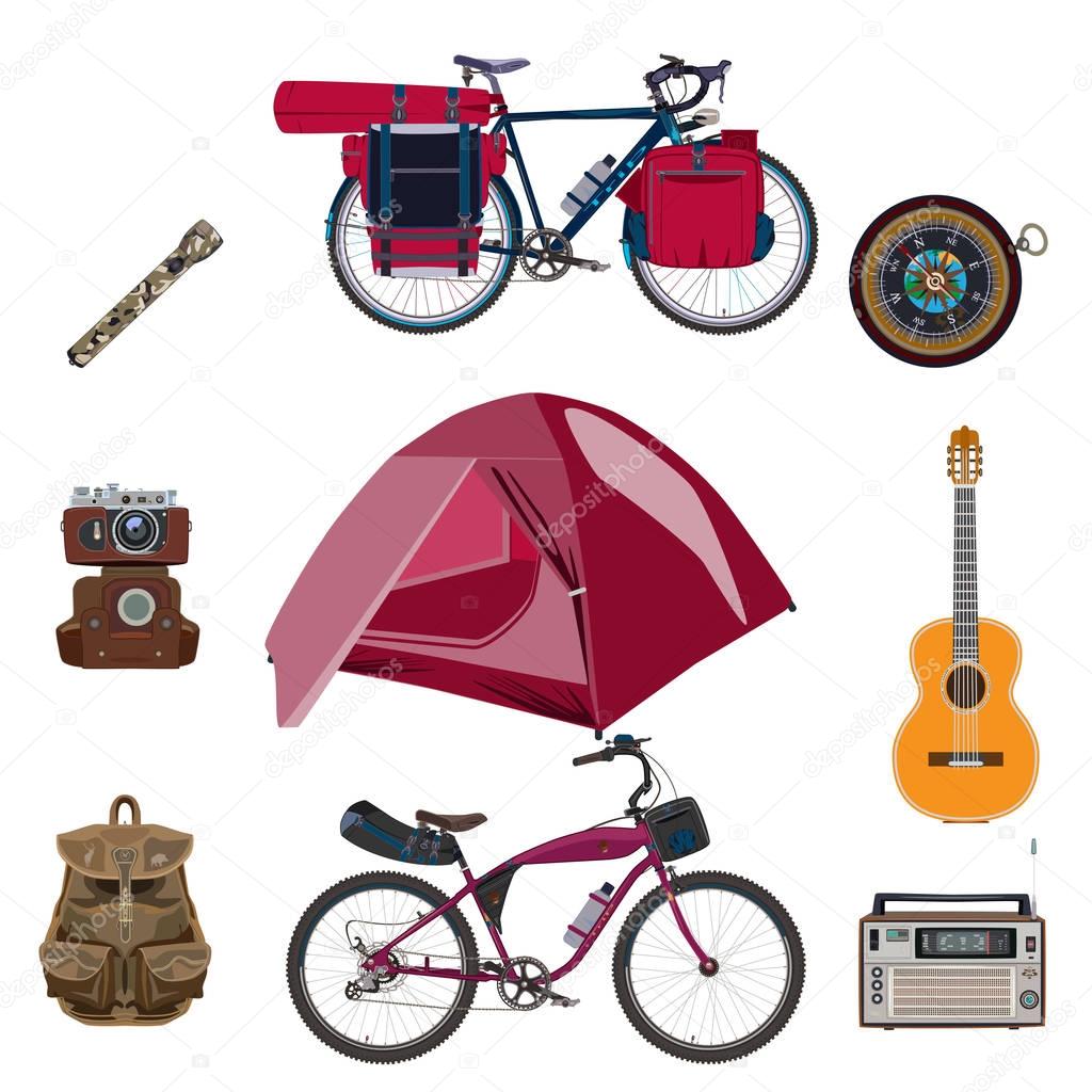 Vector set of camping equipment icons in flat style