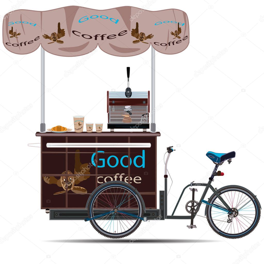 Mobile coffee bike vector flat illustration