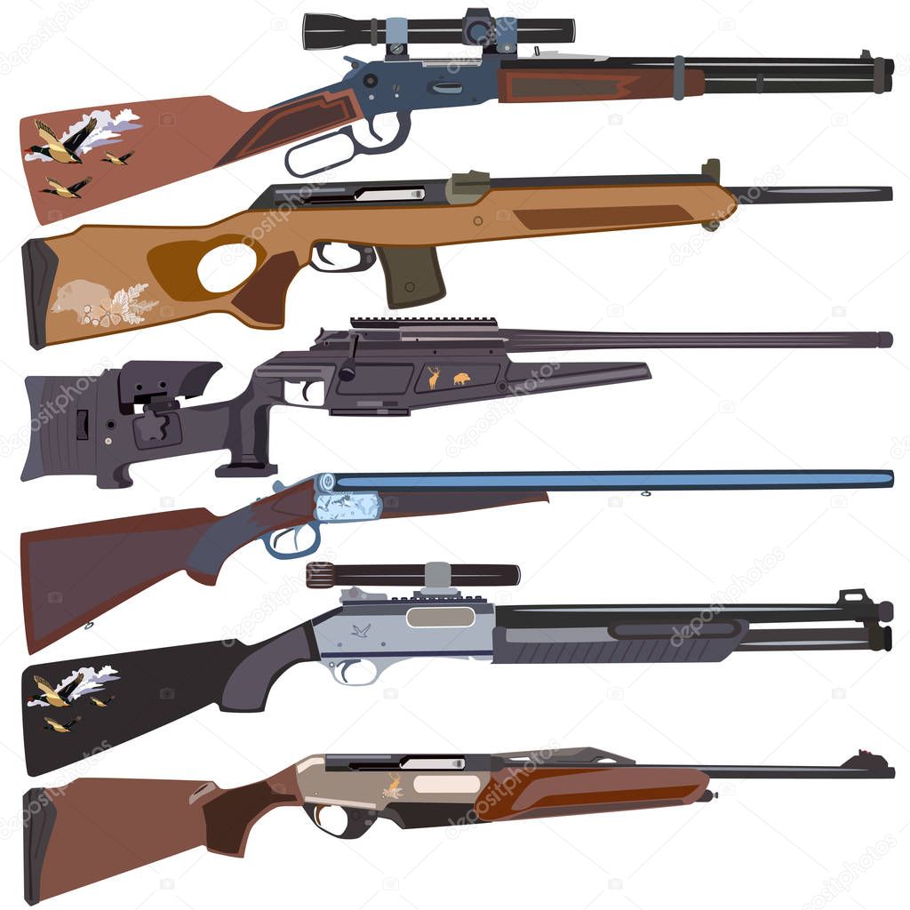 Hunting rifles, vector set in flat style design