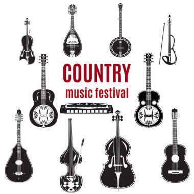 Country müzik aletleri, siyah ve beyaz düz tasarım vektör ayarla.