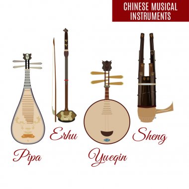 Vector set of chinese string and wind musical instruments, flat style. clipart