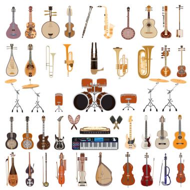 Vektör set beyaz arka plan üzerinde izole müzik aletleri