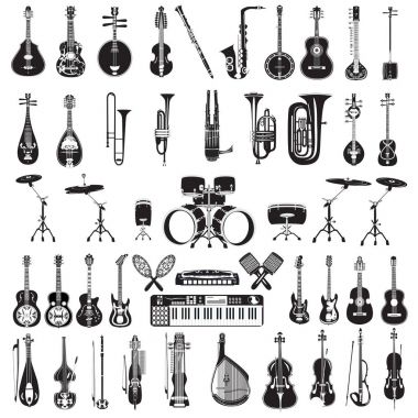 Vector set of black and white musical instruments isolated, flat style clipart