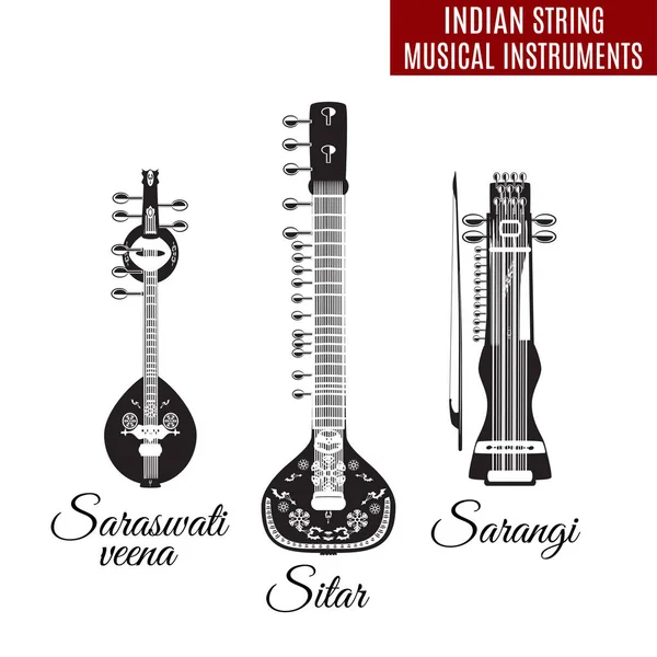 Conjunto vectorial de instrumentos musicales de cuerda india en blanco y negro, estilo plano . — Vector de stock