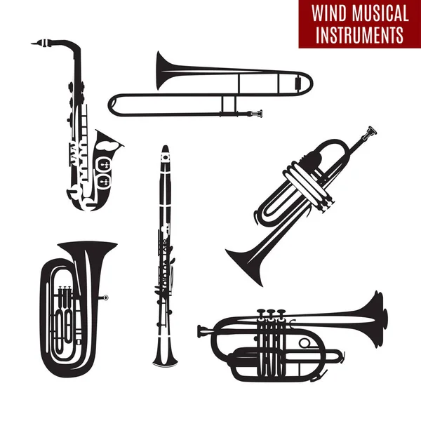 Conjunto vectorial de instrumentos musicales de viento blanco y negro en diseño flar — Vector de stock