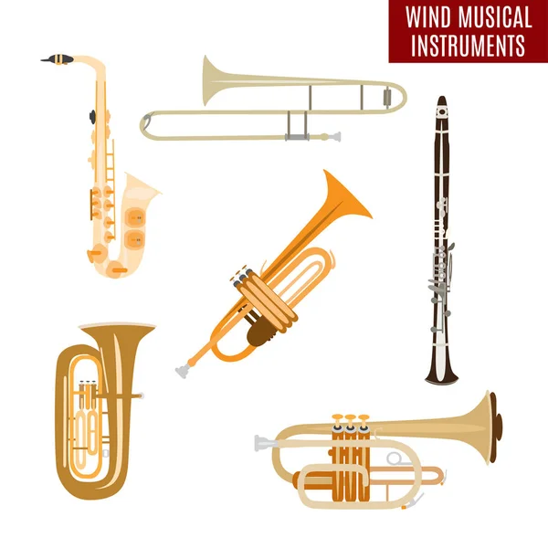 Conjunto vectorial de instrumentos musicales de viento aislados sobre fondo blanco — Vector de stock