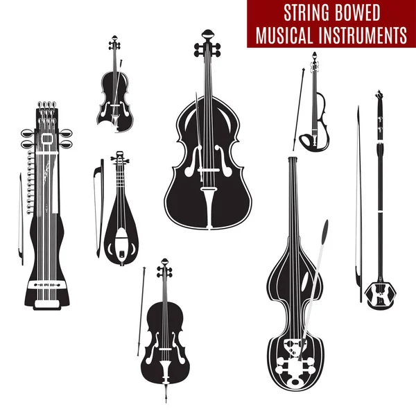 Vector set of black and white string bowed musical instruments in flat design — Stock Vector