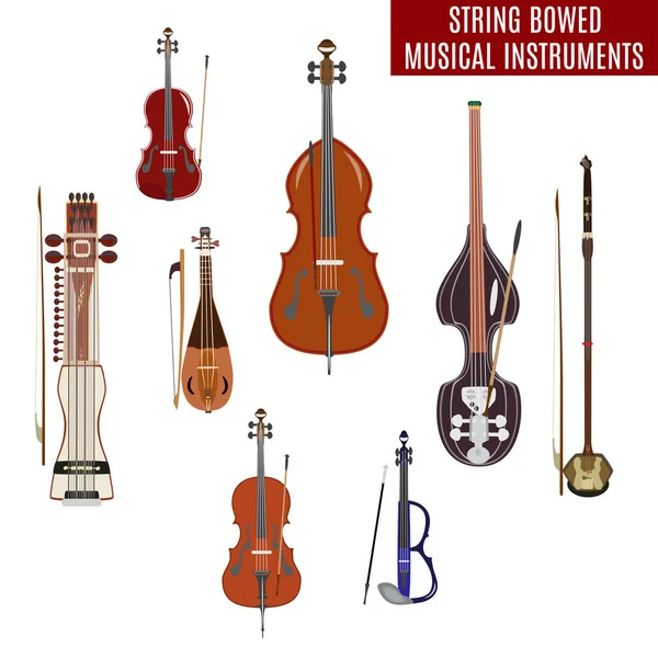Conjunto vectorial de instrumentos musicales con arco de cuerda aislados sobre fondo blanco — Archivo Imágenes Vectoriales