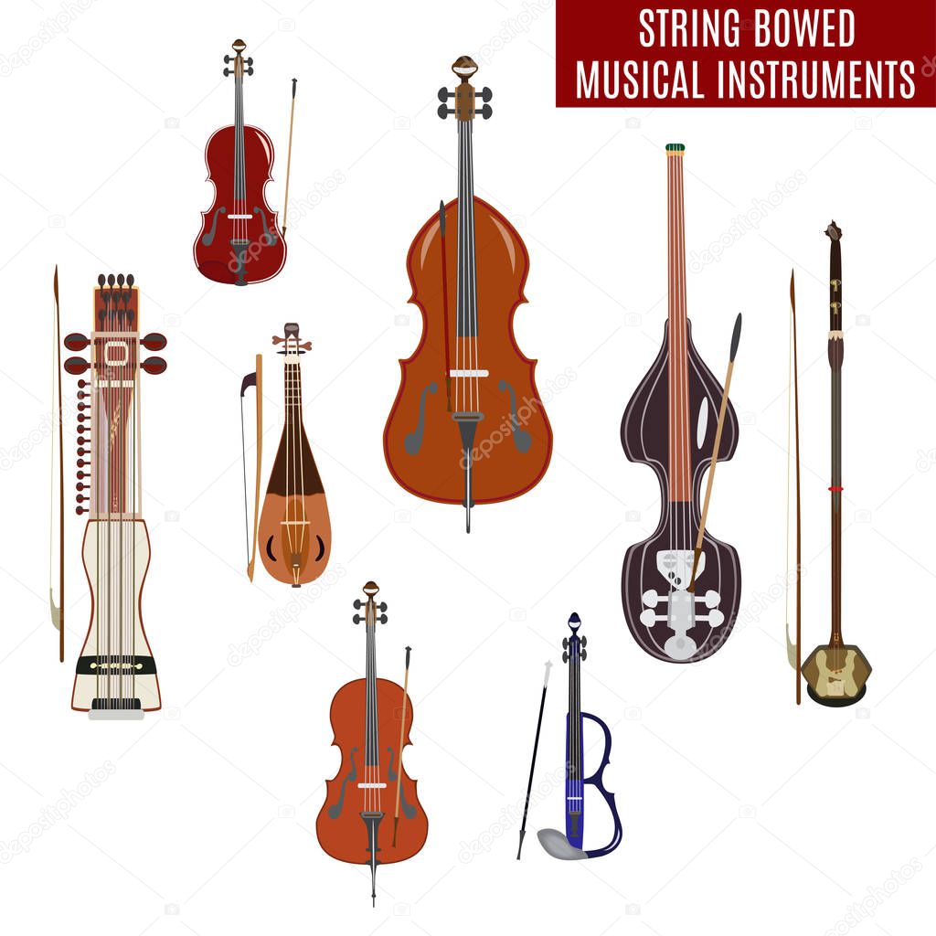 Vector set of string bowed musical instruments isolated on white background