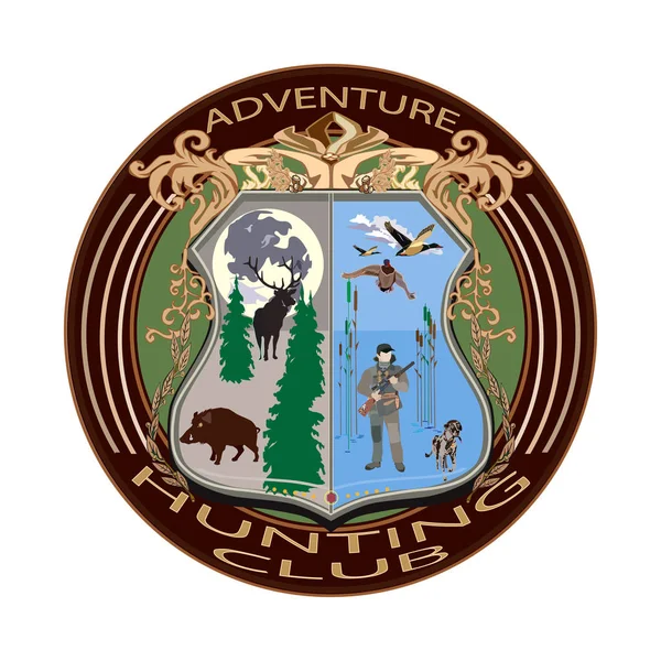Illustrazione vettoriale del distintivo del club di caccia avventura in stile piatto — Vettoriale Stock