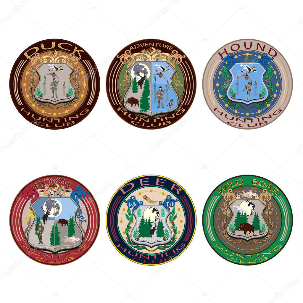 Vector set of hunting club logos, emblems, badges, labels isolated on white background. Typography design in flat style.