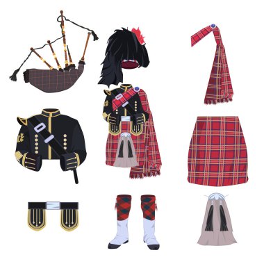 İskoç geleneksel kostüm öğeleri ve bagpipes düz vektör Icon set