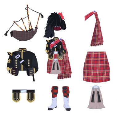 Scottish traditional costume elements and bagpipes flat vector icon set clipart