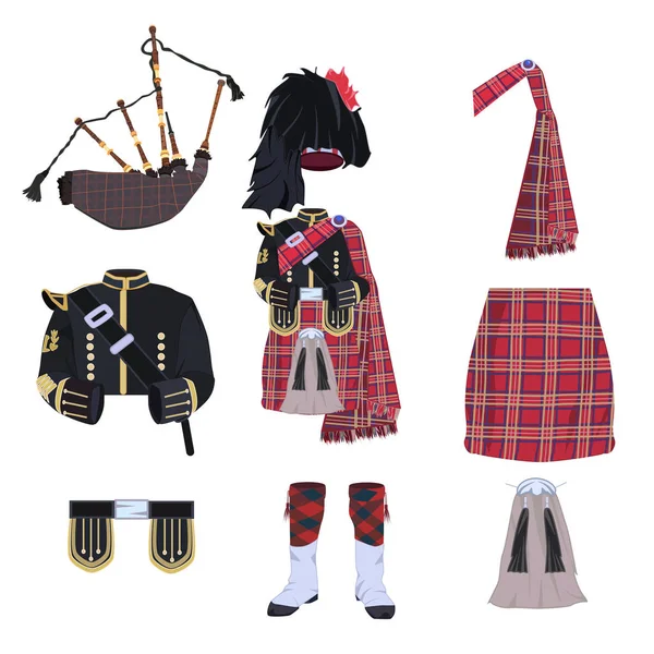 Elementos traje tradicional escocês e bagpipes vetor plano conjunto de ícones — Vetor de Stock