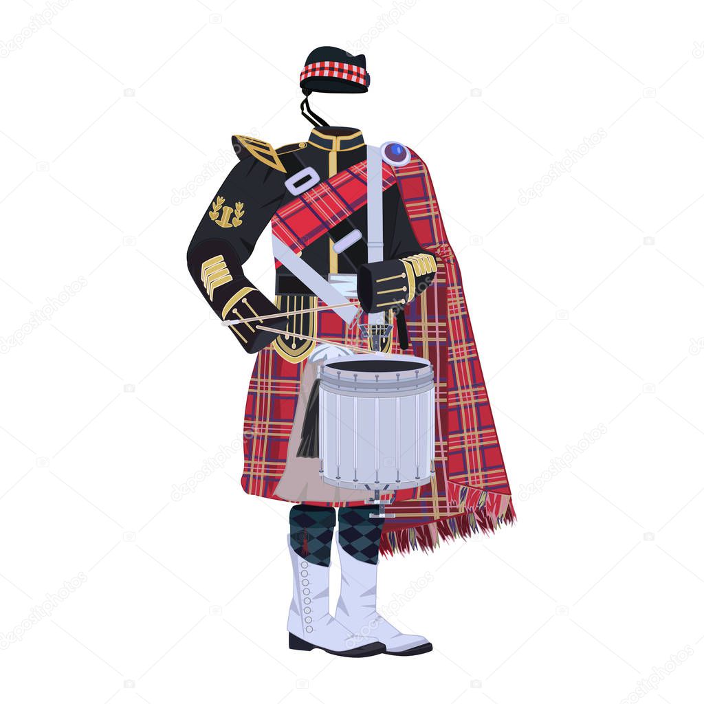 Scottish traditional clothing with tenor drum vector illustration