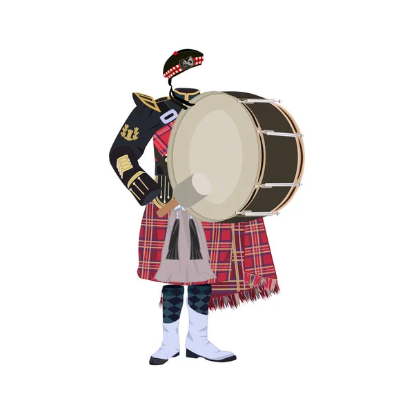 Abbigliamento tradizionale scozzese con pipe band bass drum vector illustrazione — Vettoriale Stock