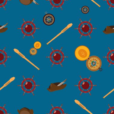 Direksiyon simidi, spyglass, pusula ve columbus şapka ile vektör seamless modeli.