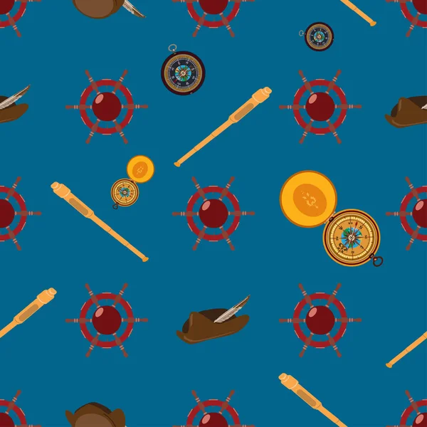 Direksiyon simidi, spyglass, pusula ve columbus şapka ile vektör seamless modeli.