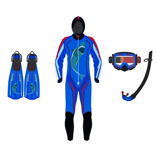 Traje de buceo, aletas, máscara e ilustración plana de vectores de snorkel — Vector de stock