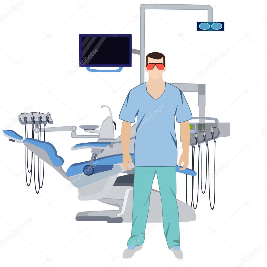Dentist and medical dental equipment vector flat illustration