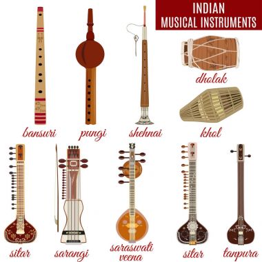Vector set of indian musical instruments, flat style. clipart