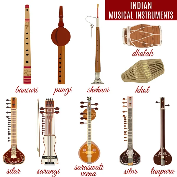 Conjunto vectorial de instrumentos musicales indios, de estilo plano . — Vector de stock