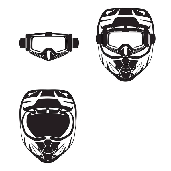 Мотоциклетный защитный шлем и очки векторные черные плоские иллюстрации — стоковый вектор