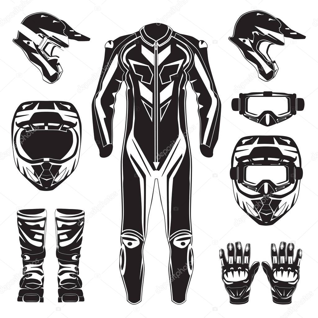 Motorcycle suit and protective gear vector flat icon set