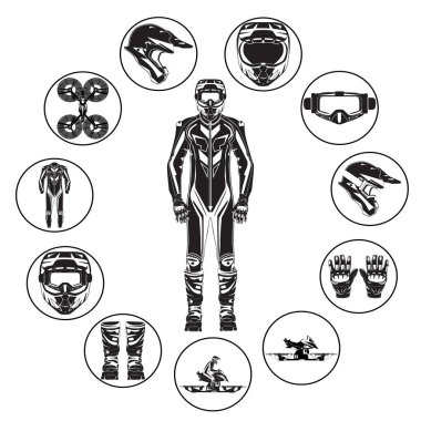 Motosiklet hoverbike binici koruyucu giysiler vektör düz simgesi ayarla