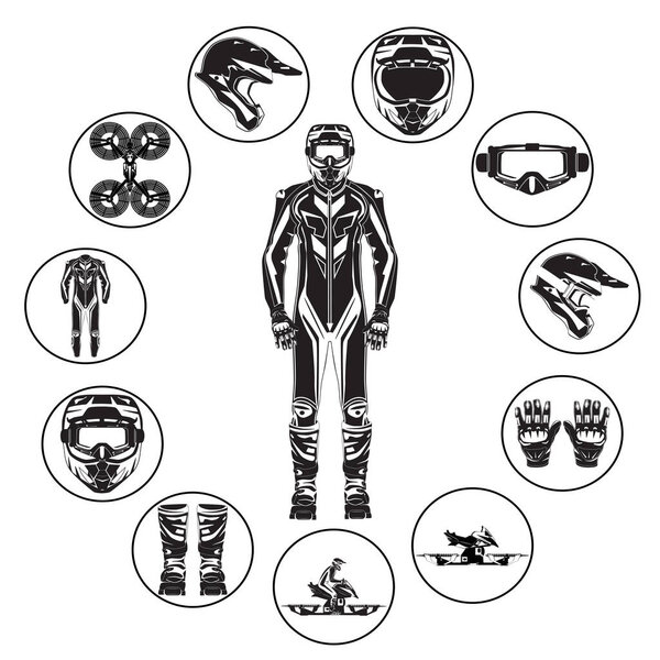Велосипедист на воздушной подушке в наборе векторных плоских значков защитных передач
