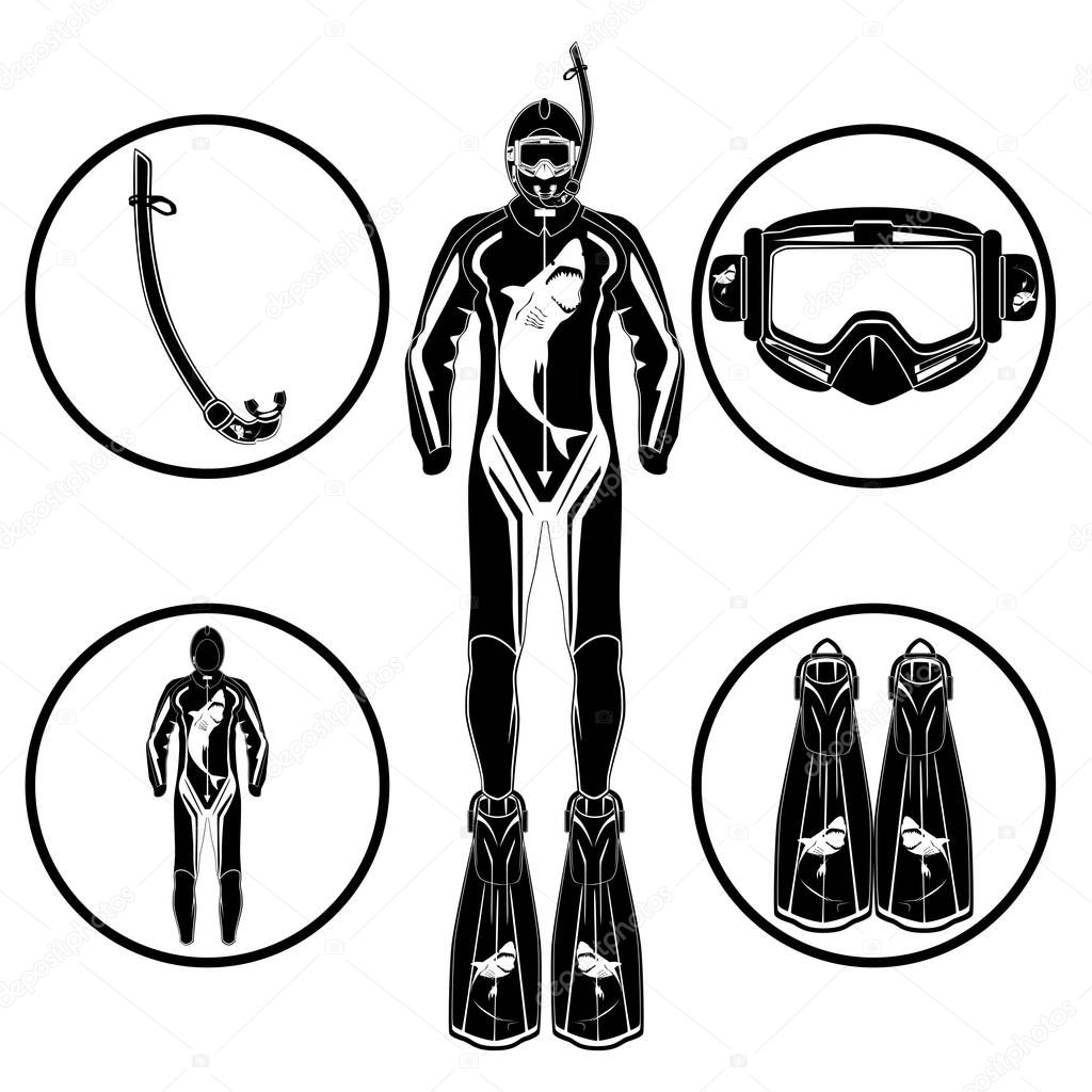 Diver and diving equipment vector flat icon set