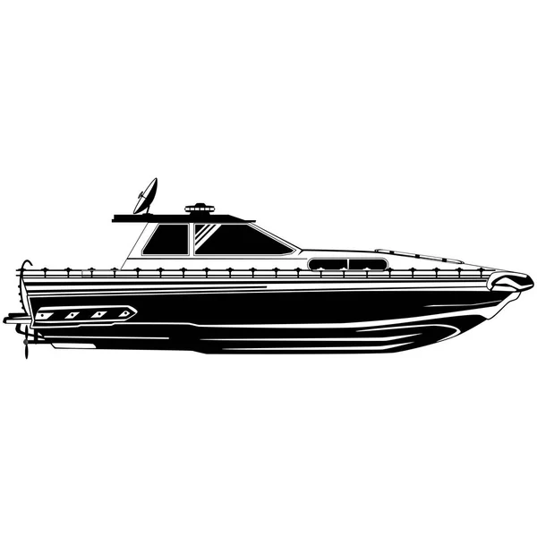 Bateau à moteur, bateau à moteur de pêche vecteur modèle noir — Image vectorielle