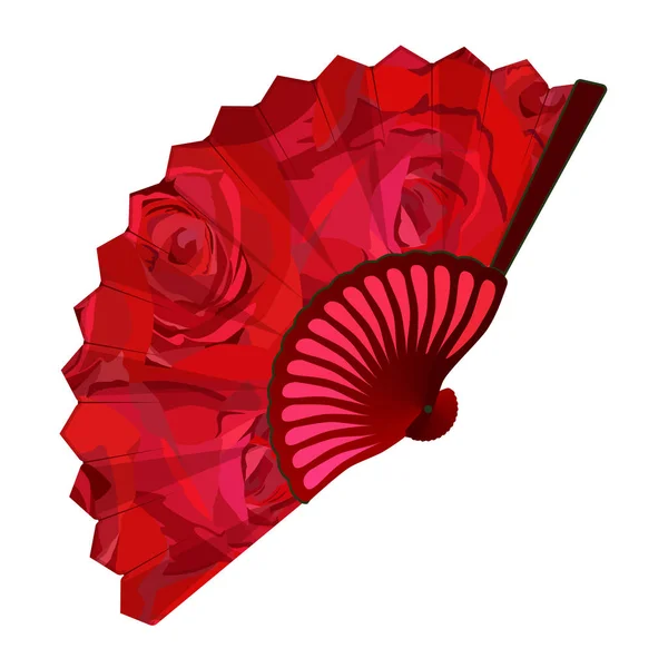 Virágzó vörös rózsa összecsukható ventilátor, vektor elszigetelt illusztráció — Stock Vector