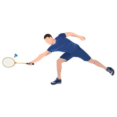 Raket ve servis horozlu badminton oyuncusu, vektör izole görüntü