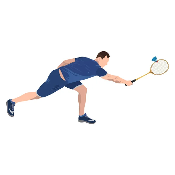 Joueur de badminton avec raquette et volant, illustration vectorielle isolée — Image vectorielle