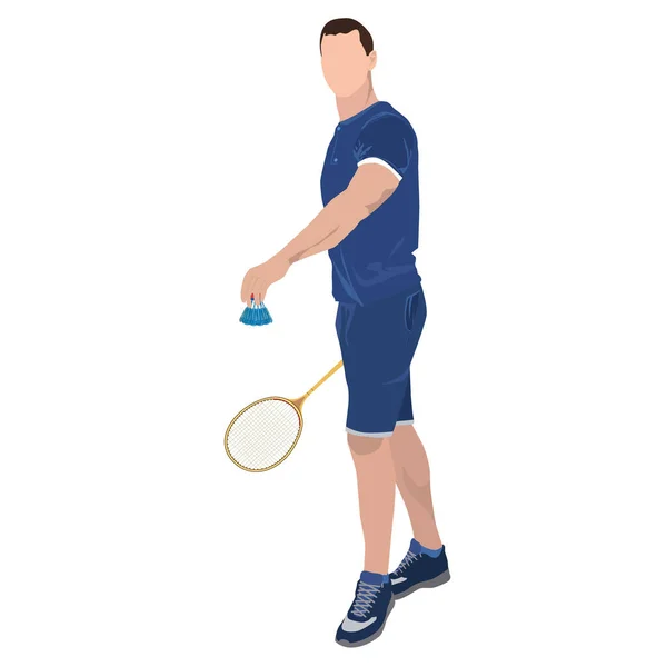 Joueur de badminton avec raquette et volant, illustration vectorielle isolée — Image vectorielle