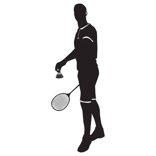 Badmintonspieler mit Schläger und Federball, schwarze Silhouette, Vektorillustration — Stockvektor