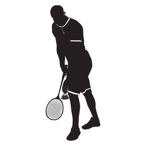Badminton player com raquete e vaivém, silhueta preta, ilustração vetorial — Vetor de Stock