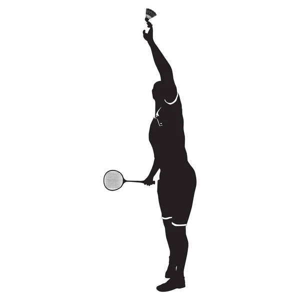 Badmintonspieler mit Schläger und Federball, schwarze Silhouette, Vektorillustration — Stockvektor