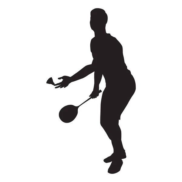 Badmintonspieler mit Schläger und Federball, schwarze Silhouette, Vektorillustration — Stockvektor